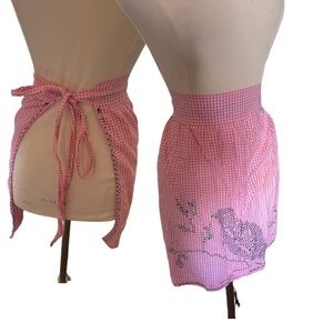 Vintage Apron Pink Floral Hostess Cocktail 1950'S Housewife Vibe Checkered Bird